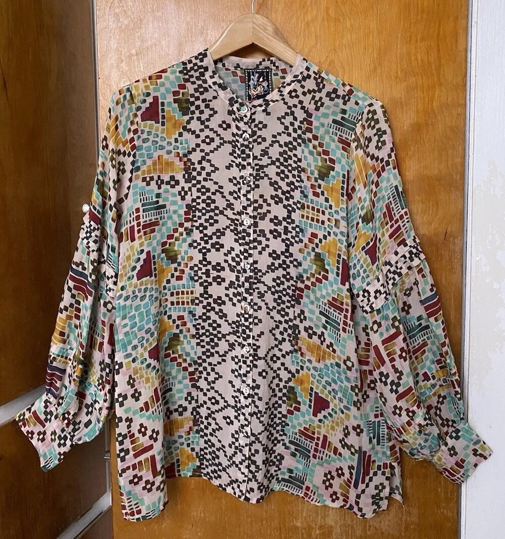 Johnny Was Malina Blouse Tunic Etris Geometric Print Oversized Top Boho Size S